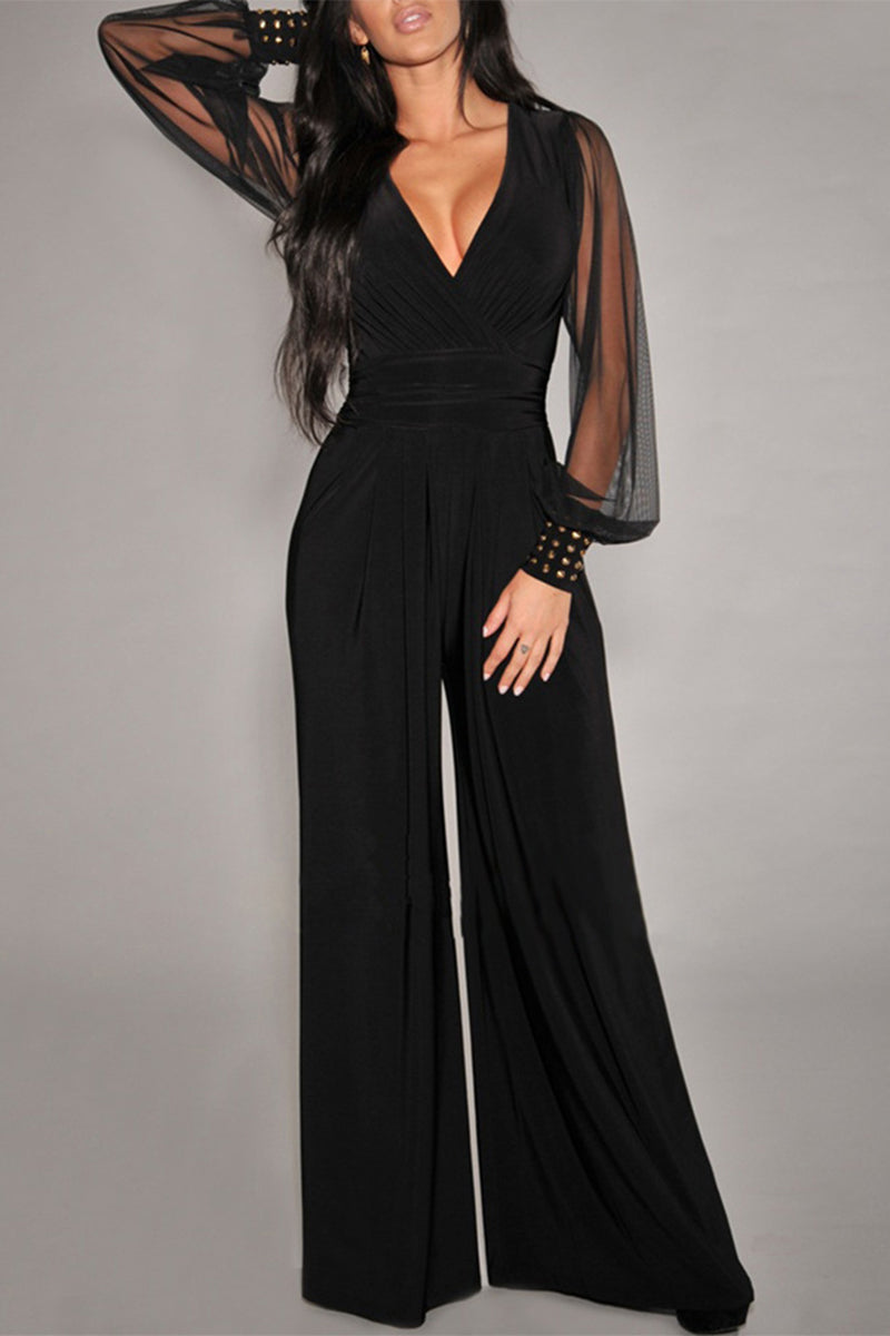 Sexy Elegant Solid Rivets Patchwork V Neck Regular Jumpsuits