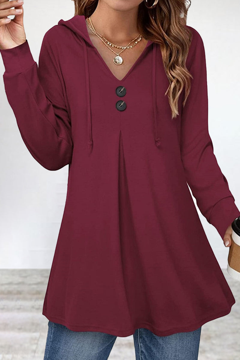 Casual Simplicity Solid Draw String Buttons Hooded Collar Tops(6 Colors)