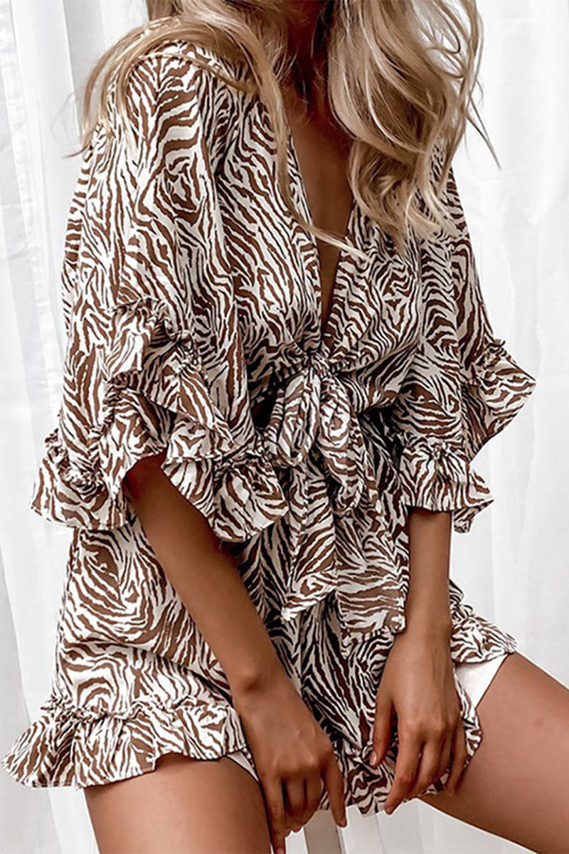 Elegant Print Frenulum V Neck Loose Jumpsuits