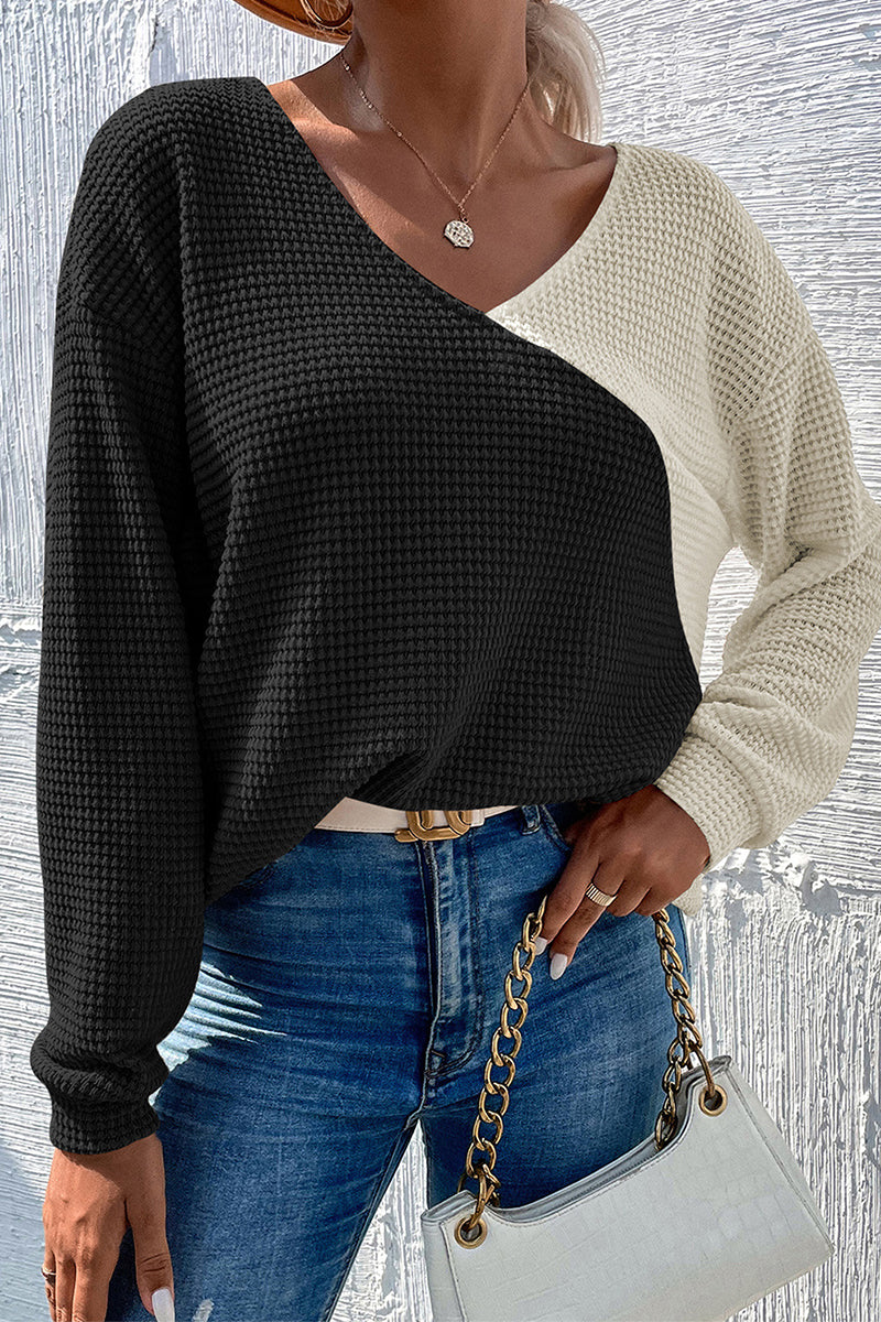 Casual Simplicity Color Block Contrast V Neck Tops