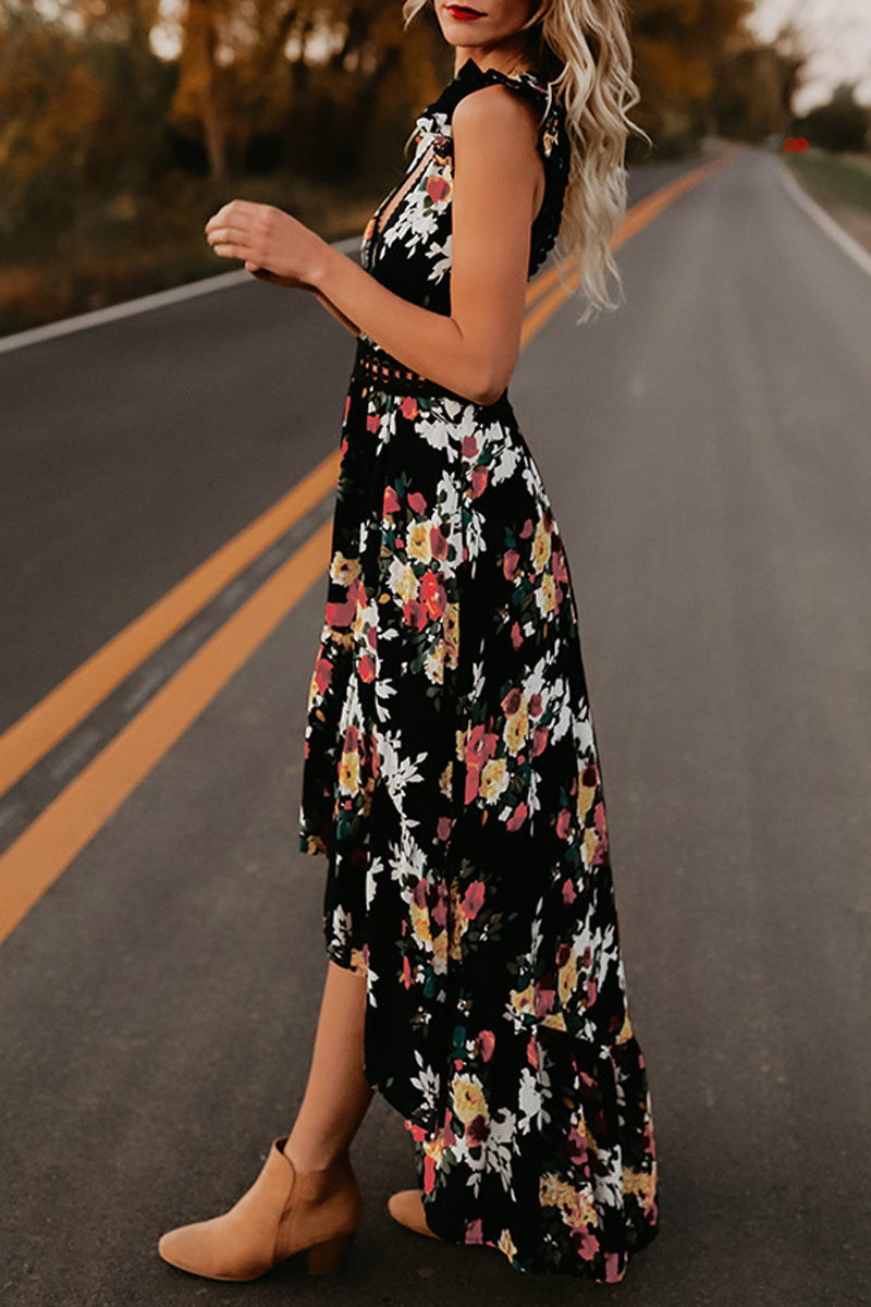 Sweet Elegant Print Backless V Neck Irregular Dress Dresses