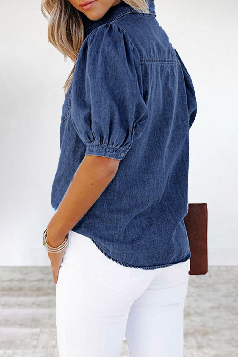 Casual Solid Patchwork Pocket Turndown Collar Blouses