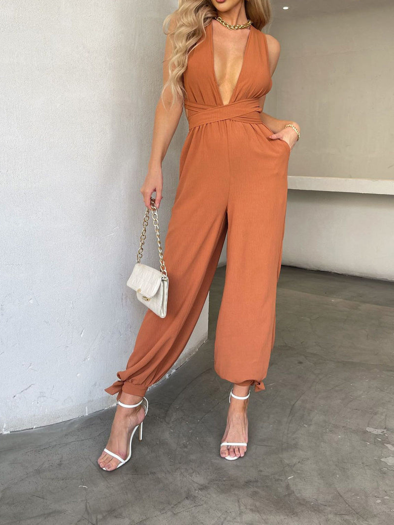 Women's Jumpsuits Casual Deep V Backless Pocket Jumpsuit