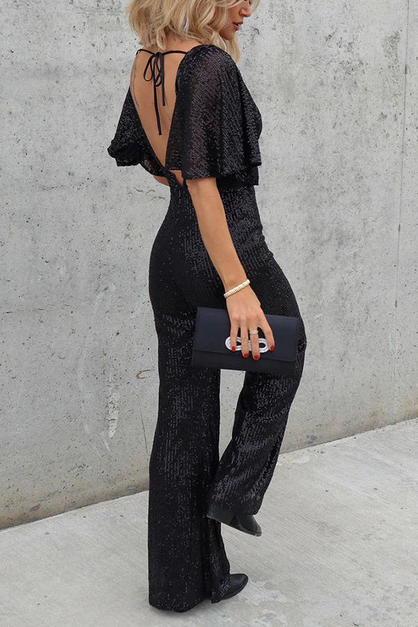 Light of Darkness Flutter Sleeve Sequin Jumpsuit