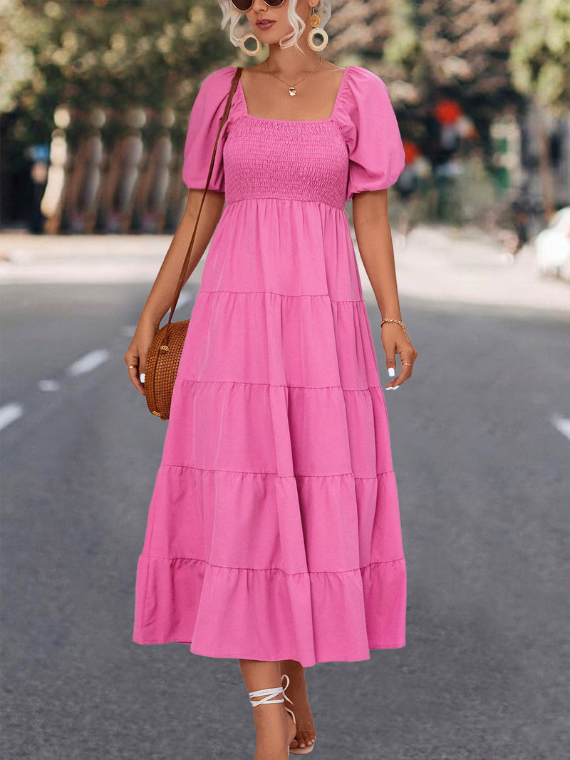 Square Neck Short Sleeve Solid Flared Maxi Dress