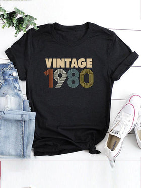 T-shirt Graphique Vintage 1980 Manches Courtes et Col Rond