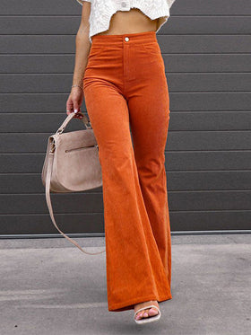 Pantalon Velours Elégant Couleur Unie Taille Haute Jambe Large