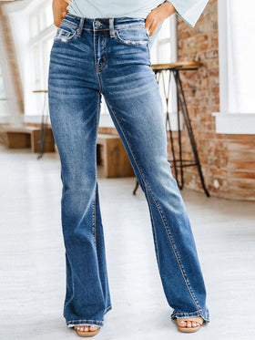Pantalon Jeans Décontracté Jambe Large Taille Haute avec Poches