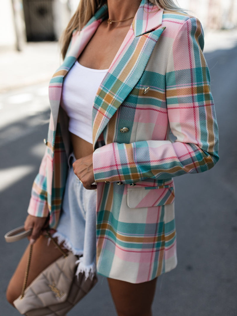 Veste à Carreaux à Double Boutonnage à Manches Longues et Col à Revers