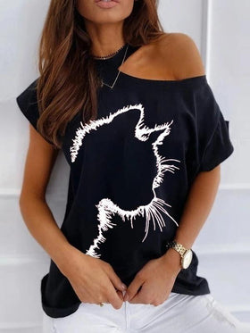 Round Neck One Side Off Shoulder Graphic Top