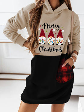 Mini Robe Pull à Capuche Manches Longues Imprimée Noël