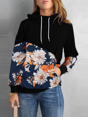 Pull avec Cordon de Serrage Imprimé Floral Manches Longues Col Rond