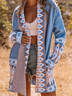 Blue Aztec Print Open Front Knitted Cardigan Sweater