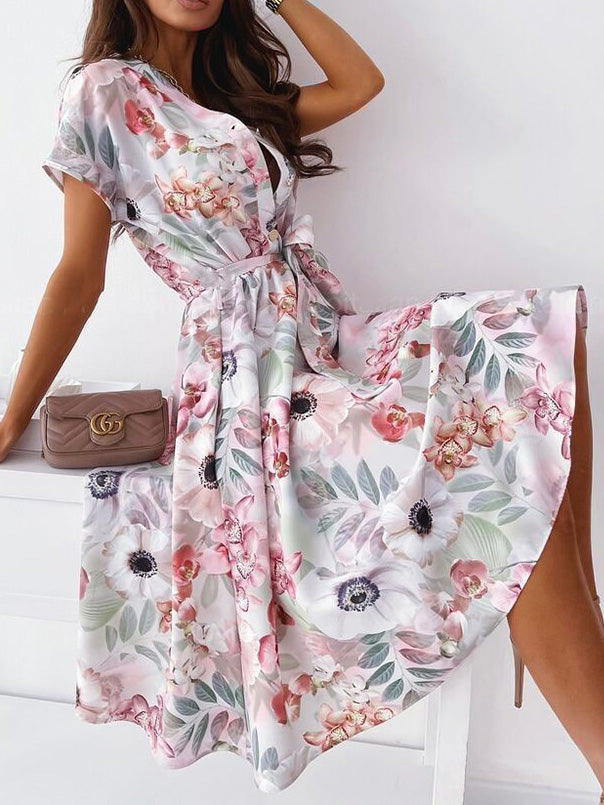 Women's Dresses Printed V-Neck Tie Shirt Dress