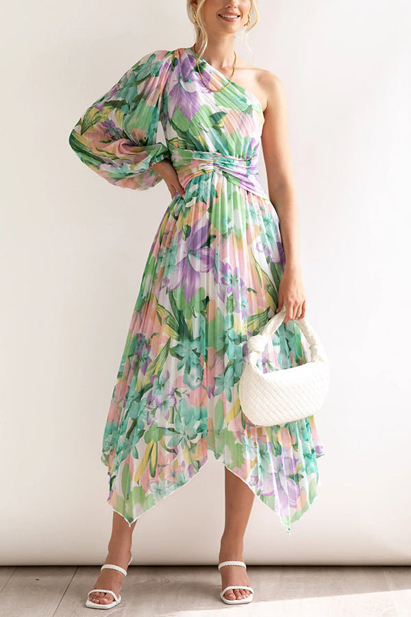 Bloom Your Own Way One Shoulder Pleated Midi Dress