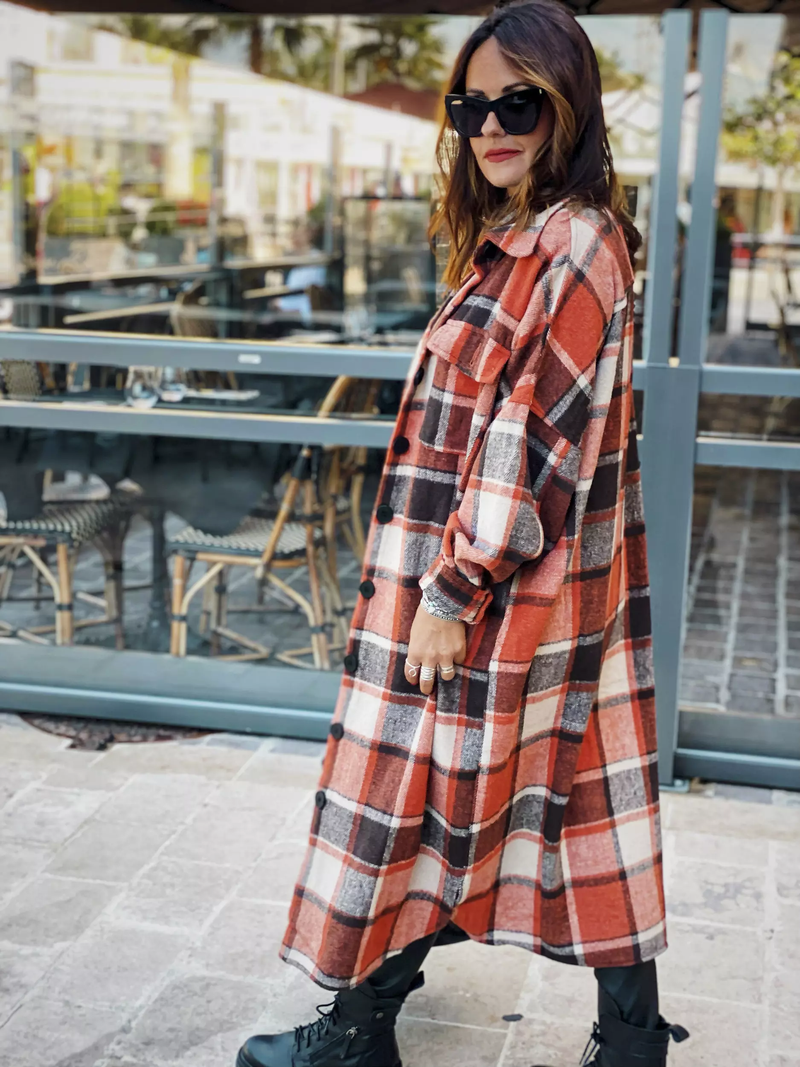 Casual Long Sleeve Loose Button Down Long Plaid Outerwear