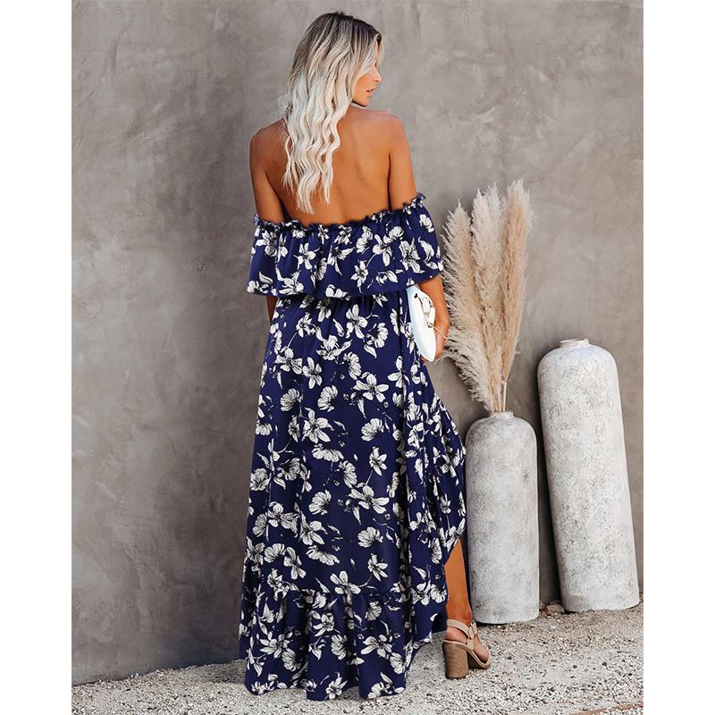 Robe Maxi Moulante Floral Épaules Dénudées