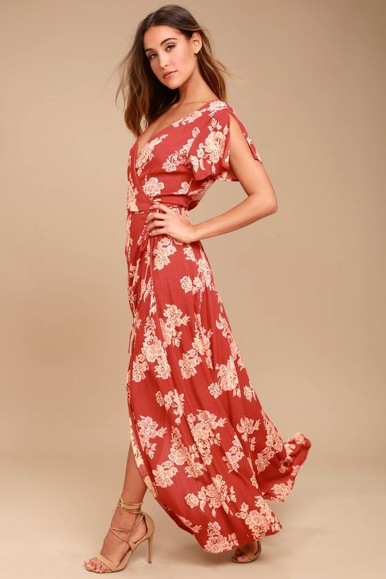 Robe Longue à Imprimé Floral Rouge