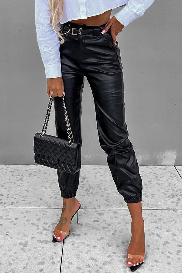 Don't Rush It PU Leather High Waist Cuffed Pants