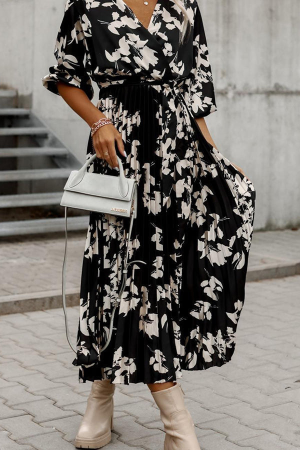 Early Sunset Floral Wrap Pleated Midi Dress