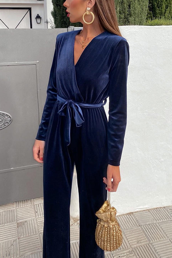 Endless Cheer Belt Velvet Wide Leg Jumpsuit