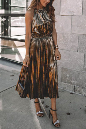 Perfect for Your Holiday Metallic Halter Pleated Midi Dress