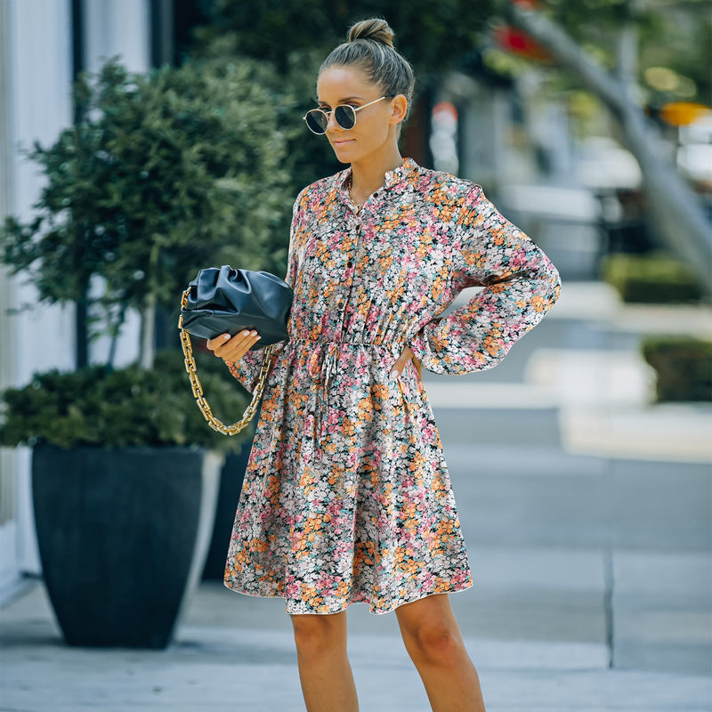 Mini-robe Boutonnée Taille Élastique Manches Longues Imprimé Floral