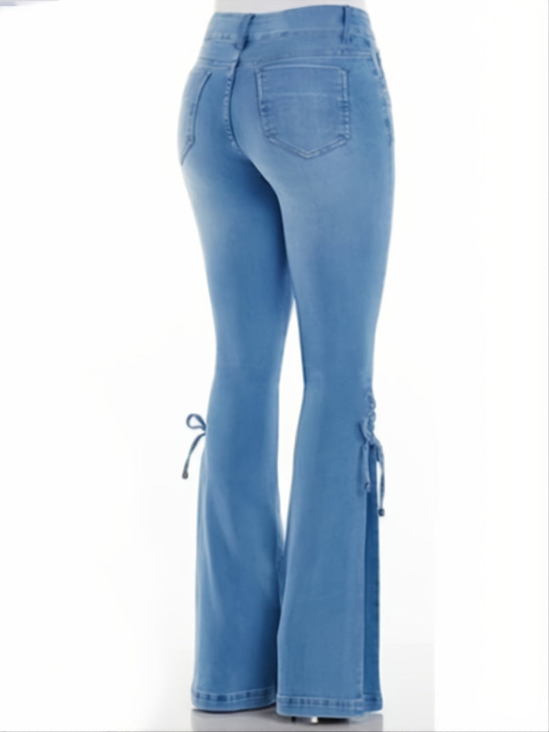 Stretchy Lace Up Side Bell-Bottom Denim Jean Pants