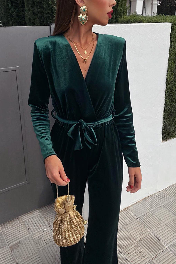 Endless Cheer Belt Velvet Wide Leg Jumpsuit