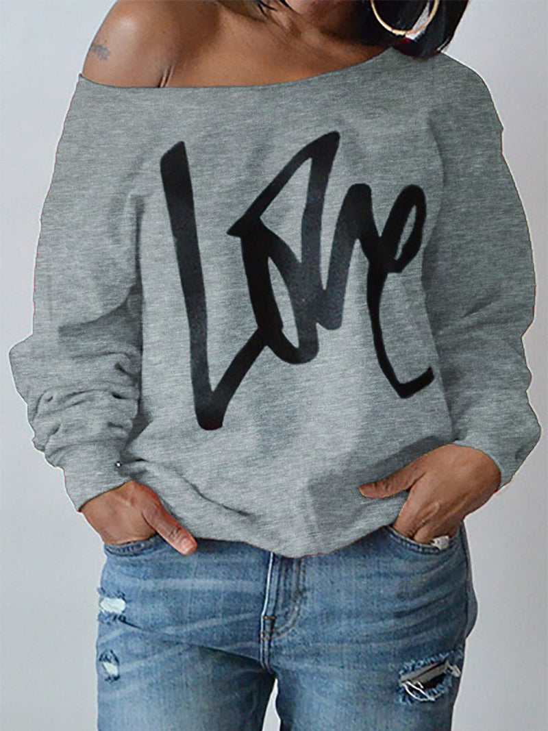 Sweat-shirt à Epaule Dénudé Imprimé avec Lettres de LOVE