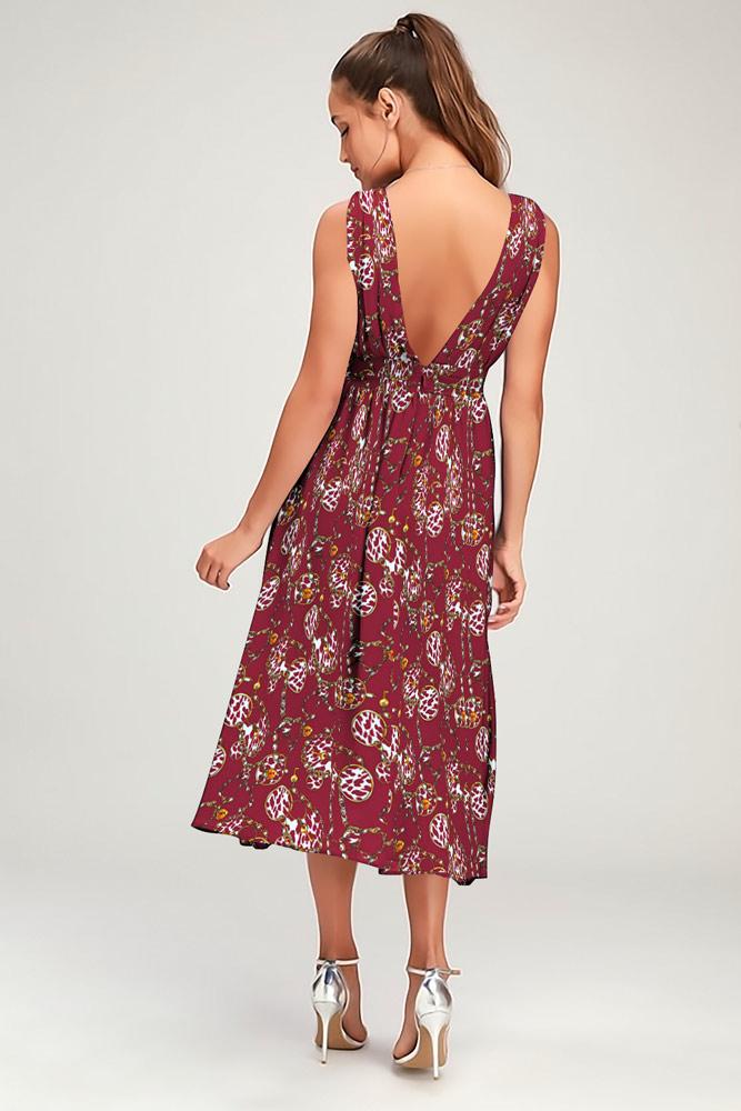 Robe Floral Côté Fendue Col V Marron