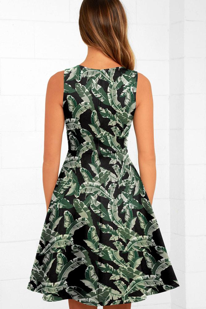 Robe Mi-Longue Évasée à Fleurs et Col en V Noir