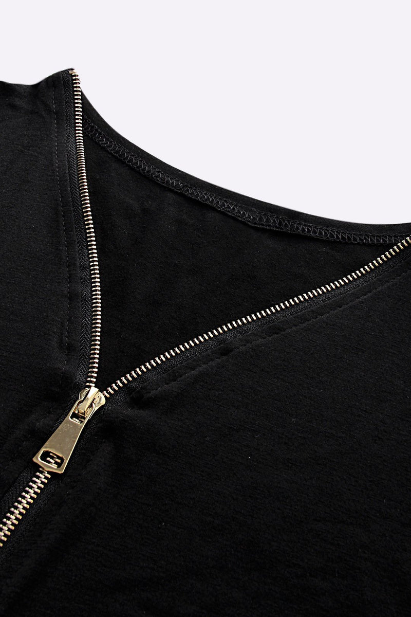 Zip Front Design V-neck Long Sleeves T-shirt