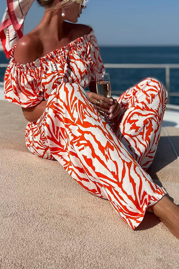 Vacation Mode Zebra Print Off Shoulder Top Pants Suit