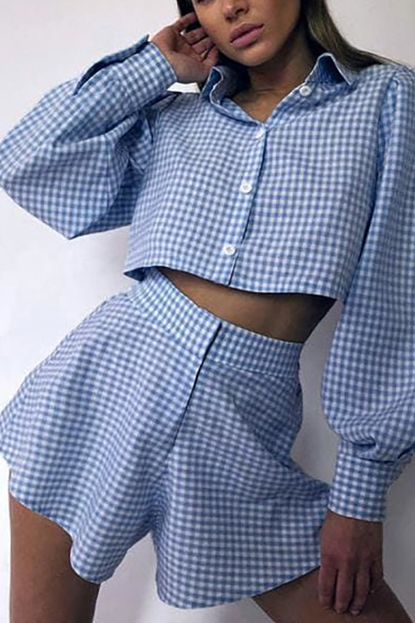 Plaid Button Crop Shirt Shorts Set