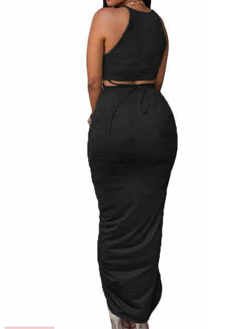 Robe Maxi Taille Haute Sans Manches Col Rond