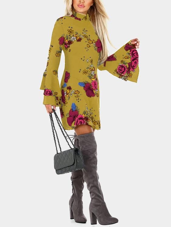 Random Floral Print Perkins Collar Flared Sleeves Mini Dress