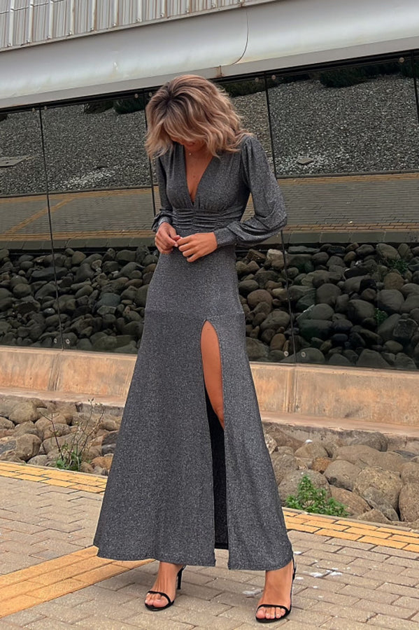 Perfect Curve Metallic Smocked Slit Maxi Dress