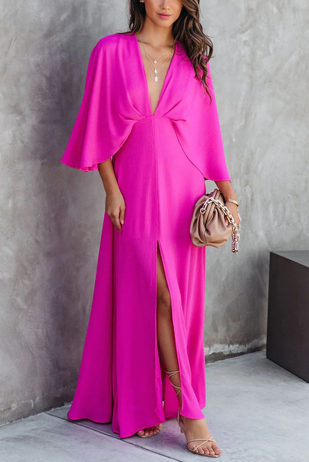 Beauty Meets Cape Sleeve Slit Maxi Dress