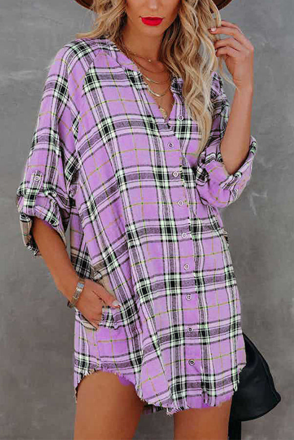 Malia Pocketed Plaid Button Down Tunic Mini Dress