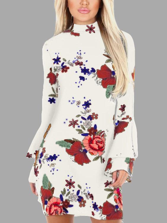 Random Floral Print Perkins Collar Flared Sleeves Mini Dress