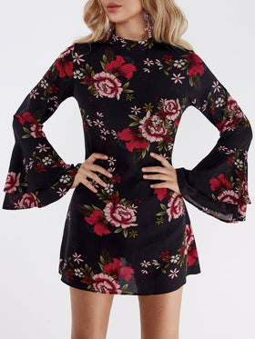 Random Floral Print Perkins Collar Flared Sleeves Mini Dress