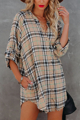 Malia Pocketed Plaid Button Down Tunic Mini Dress