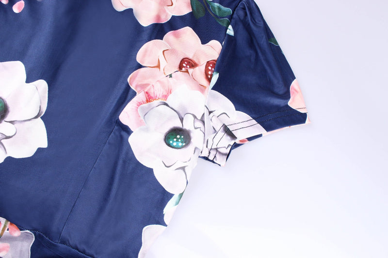 Robe Maxi à Col Rond et Manches Courtes Imprimé Floral avec Ceinture