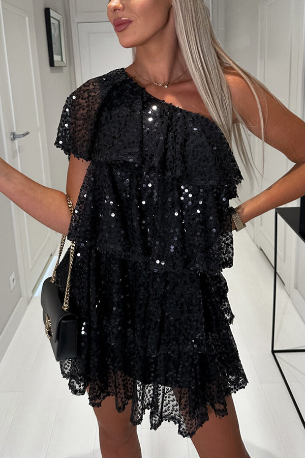 Dream City Sequin One Shoulder Layered Mini Dress