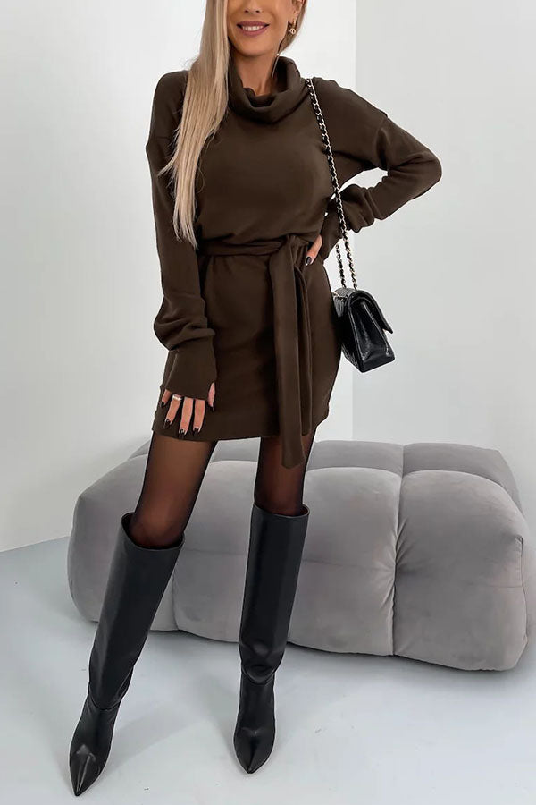 Let's Stay In Soft Belted Turtleneck Dress