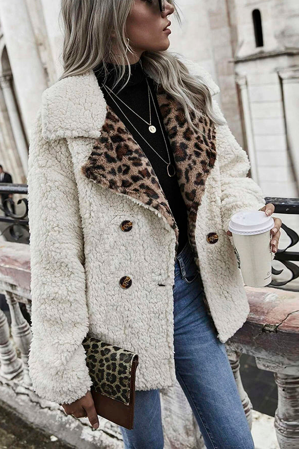 Oaklynn Leopard Print Double Button Teddy Coat