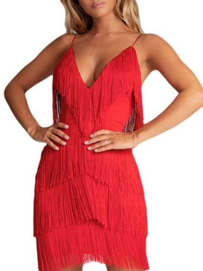 Deep V-Neck Spaghetti Strap Fringed Mini Dress