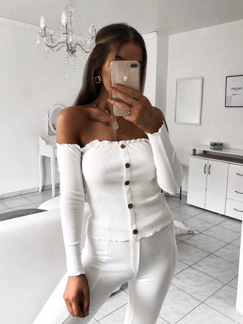 Chemise Slim Blanc avec Boutons Epaules Dénudées - CA Mode