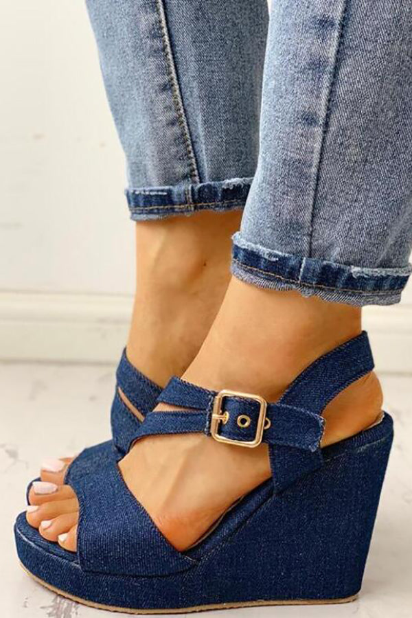 Buckles Cross Denim Wedges